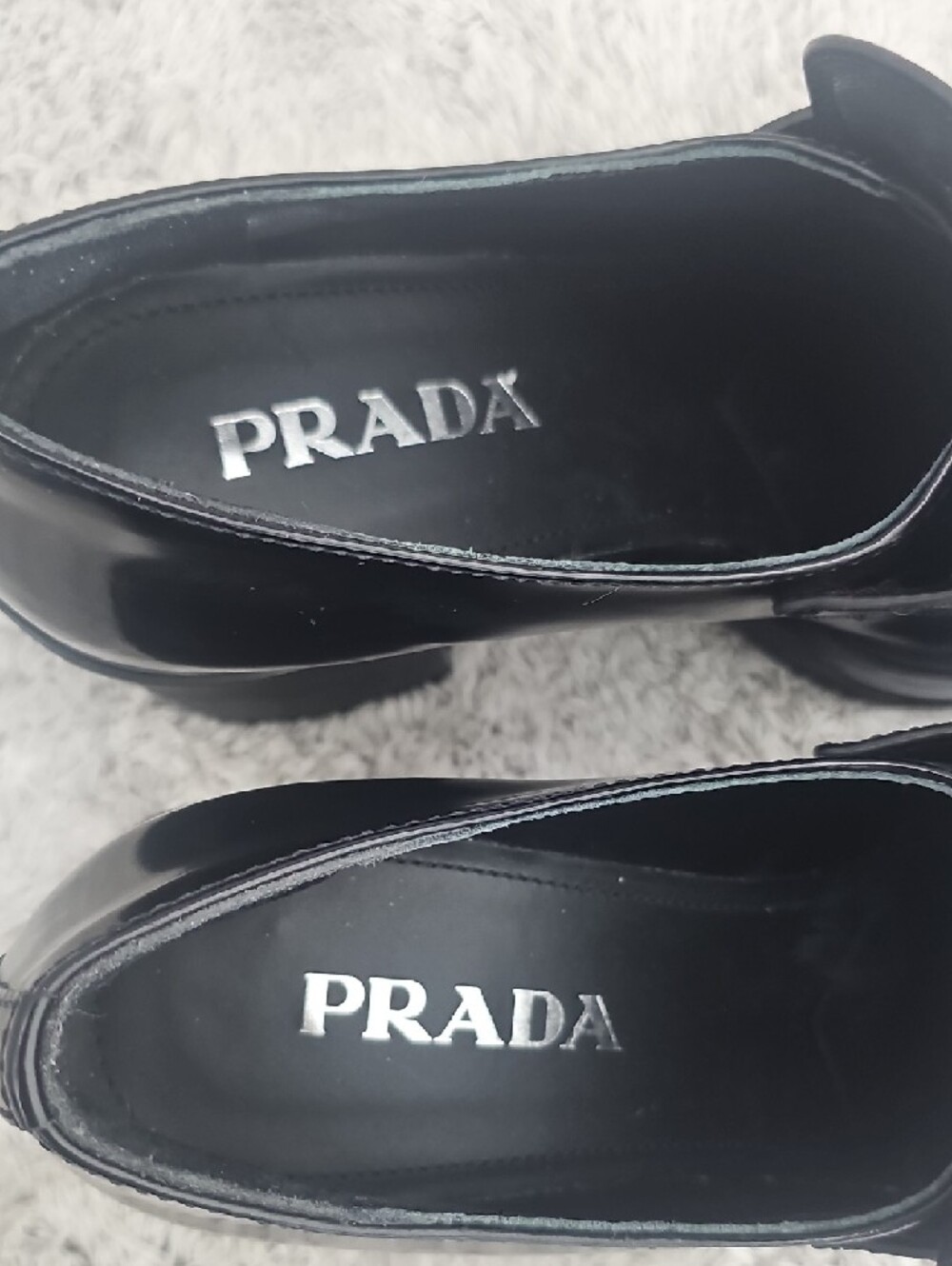 Prada Black Heeled Loafers with Silver Logo Triangle - Picture 6 of 10